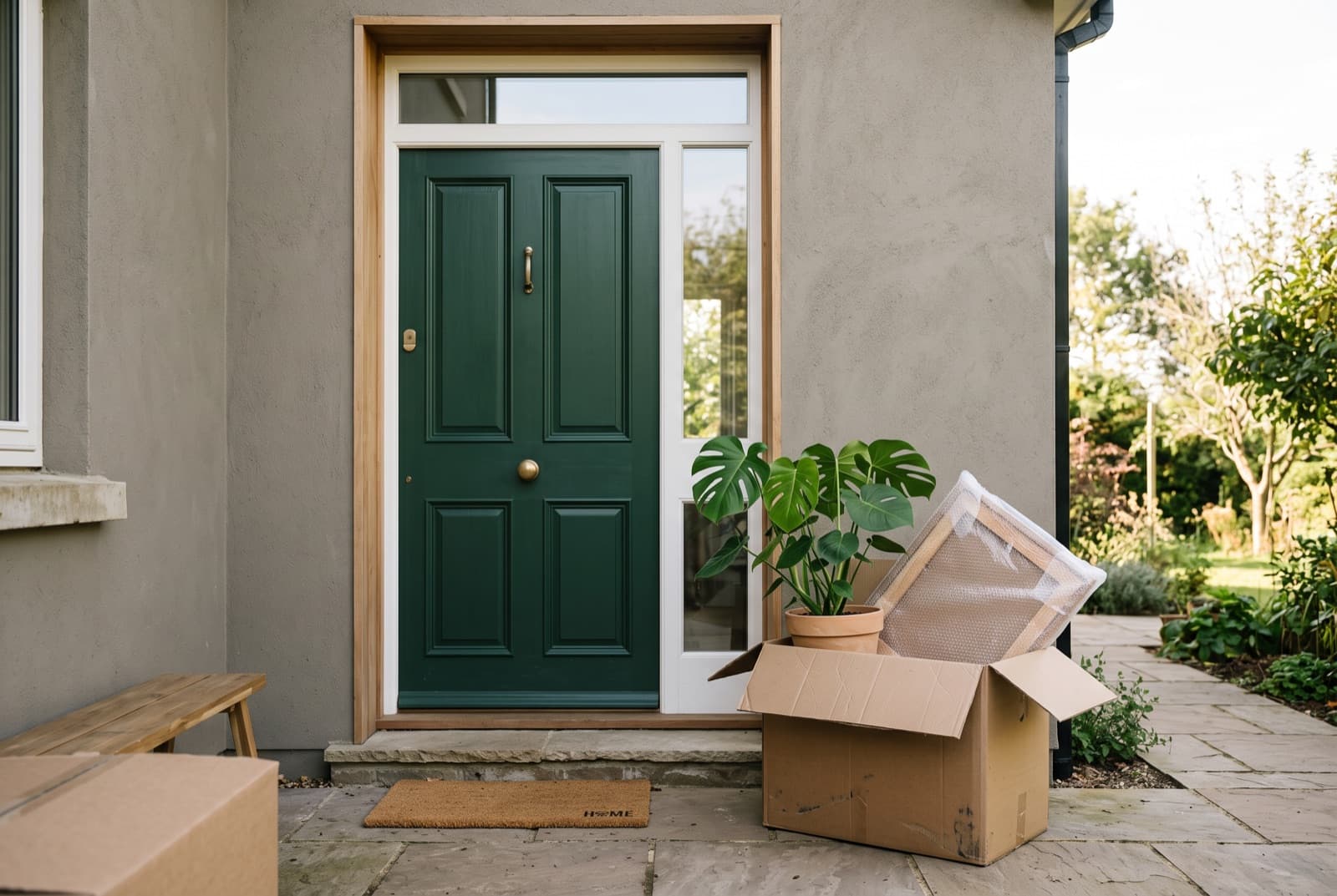 A family carrying boxes into their new home on moving day