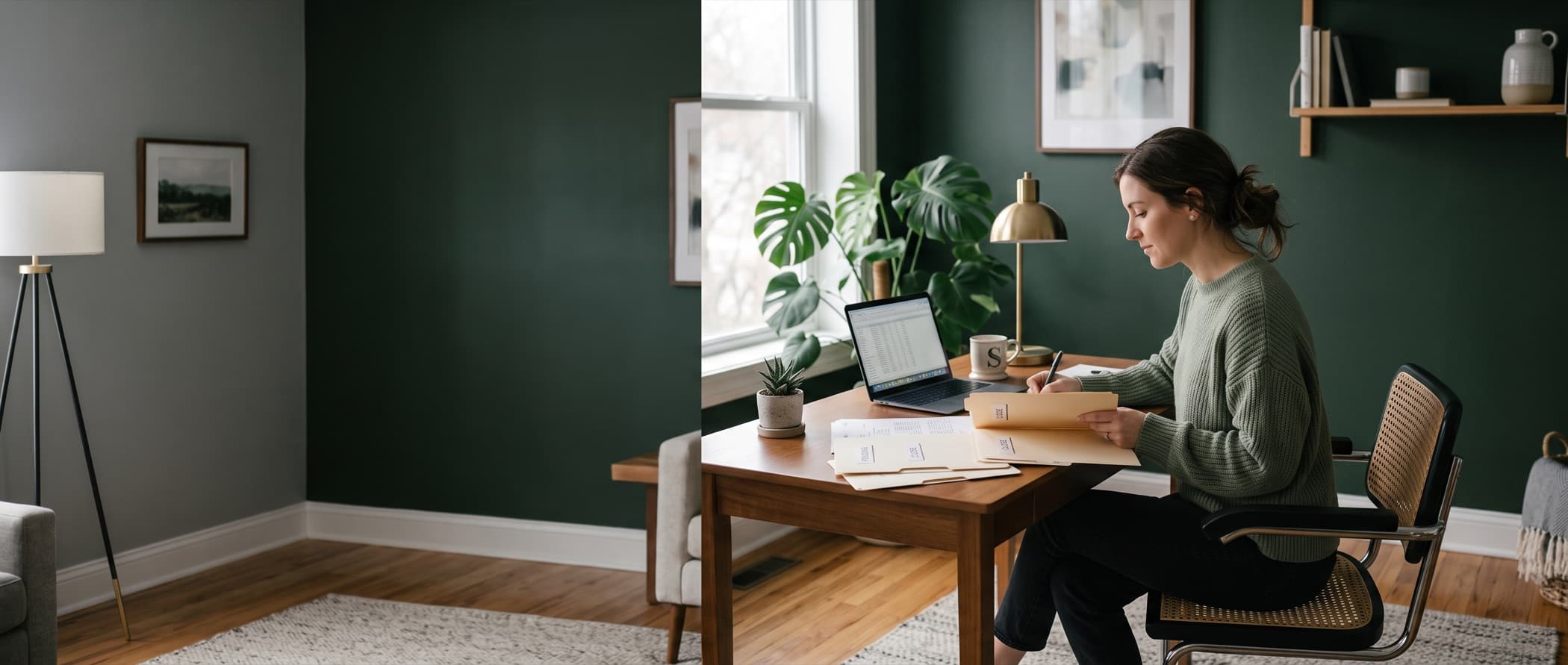A transaction coordinator working at her desk with a coffee, calm and in control