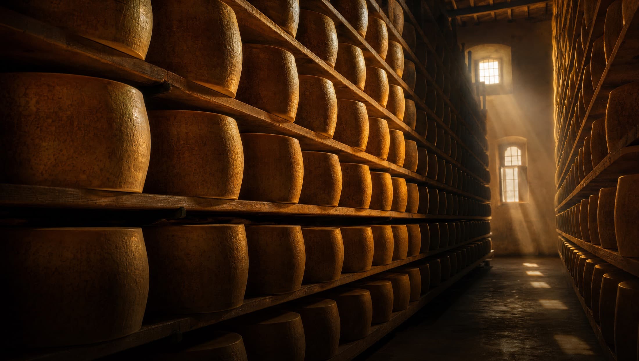 Rows of Parmesan wheels aging on wooden shelves in a maturing room