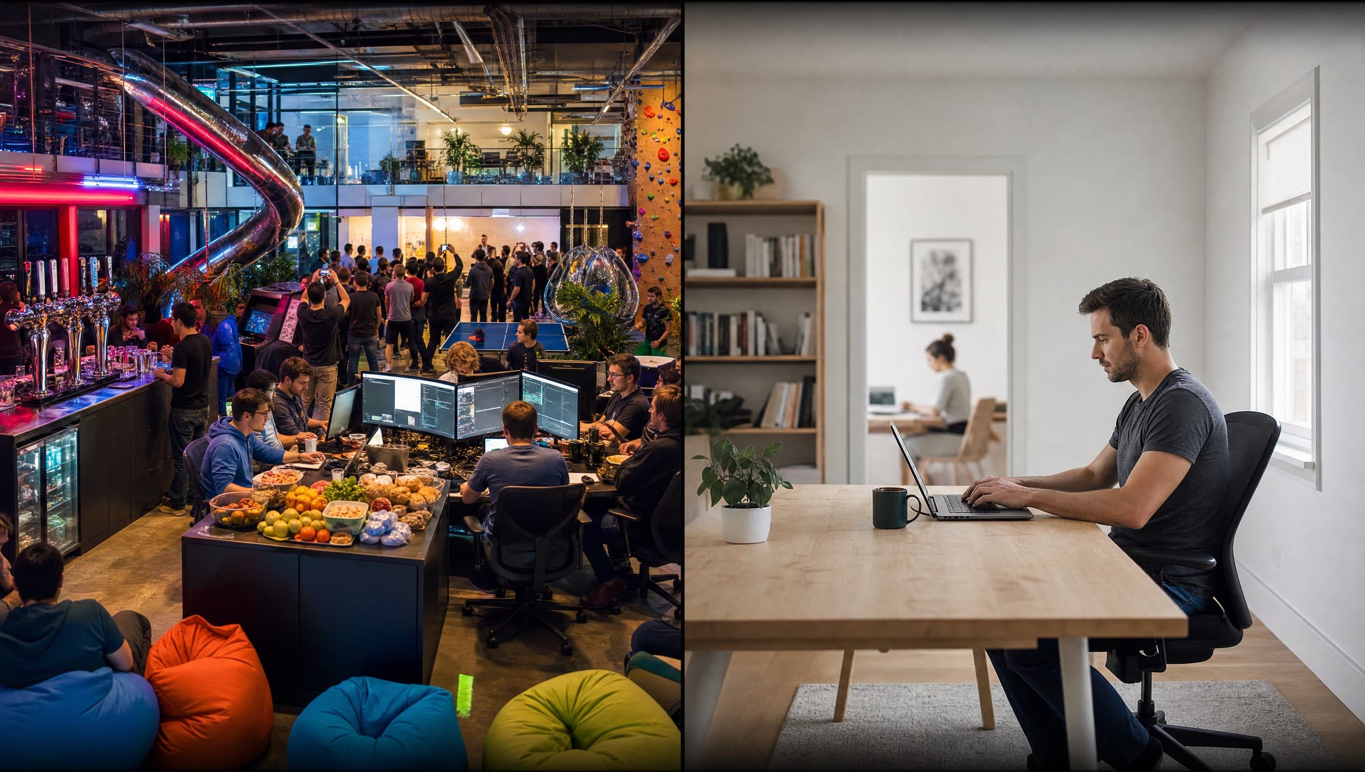 Split image: a sprawling tech office at dusk beside one person working alone at a small desk in an apartment